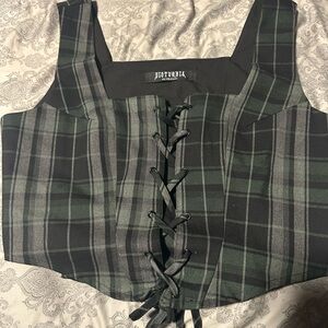 Disturbia Black and Green Plaid Lace-Up Blouse